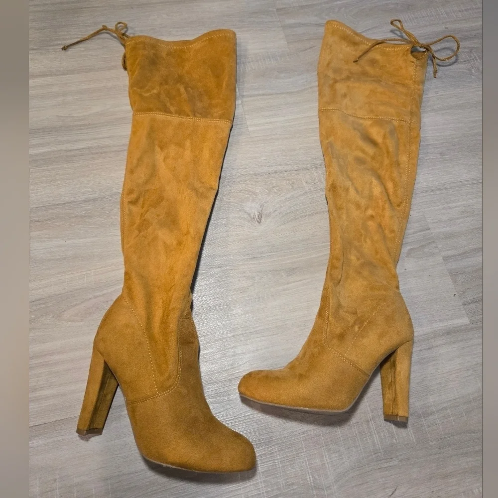 Wild Diva Lounge Amaya Women's Over The Knee Tie Up High Block Heel Dress Boots